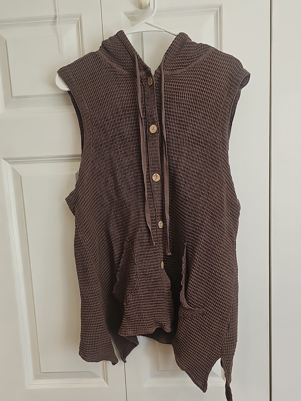 Sleeveless Hooded Button-Front Vest in Brown